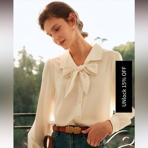 Chloe Vintage Bow Long Sleeve Shirt, by Roselili. Cream, small. NEW NEVER WORN.